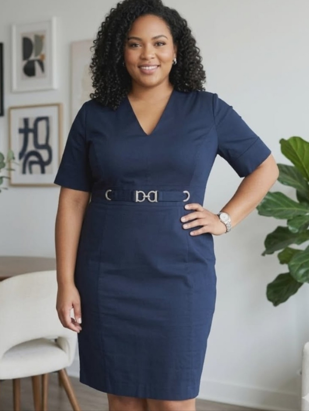JONES NEW YORK V-Neck Navy Midi Dress with Decorative Waist Belt.